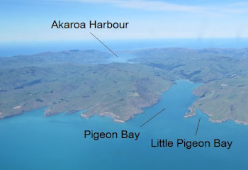 Some of Banks Peninsula's funnels.  Looking south over Pigeon Bay and Little Pigeon Bay.  Photo: Helen Jack.