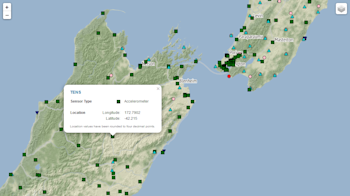 Instrument site name and location pop-up on a zoomed view of our new network instrumentation map.