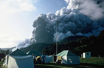 The 21 November 1964 Raoul Island eruption as viewed from the meteorological station.