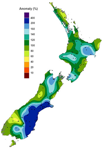 July 2017 rainfall compared to average July rainfall (NIWA)