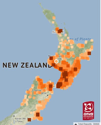 Felt Reports received from the M5.8 Taranaki earthquake