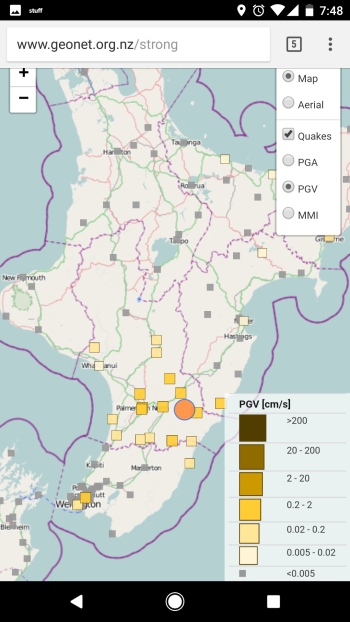 A snapshot of our application interface shows the locations of strong motion sites identified by grey squares, with colour change illustrating the occurence of PGV movement following a quake located east of Palmerston North. 