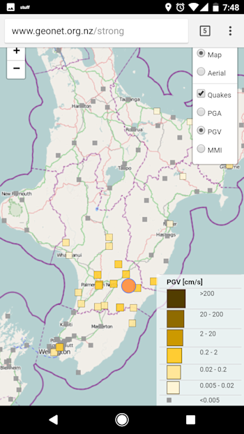 A snapshot of our application interface shows the locations of strong motion sites identified by grey squares, with colour change illustrating the occurence of PGV movement following a quake located east of Palmerston North. 