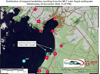 Clusters of mapped landslides following the M5.7 earthquake. The earthquake epicentre is marked in blue, red circles indicate the centre of landslide clusters and number of events near each locality. The satellite image of Lake Taupō was acquired by PlanetScope approximately one and a half days after the earthquake and includes two large sediment plumes flowing north from the rockfalls at the White Cliffs. 