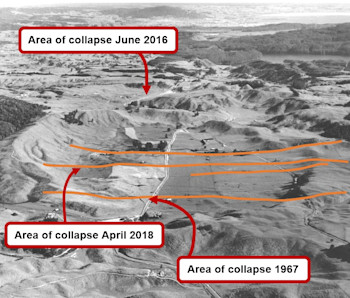 Earthquake Flat Crater looking northeast towards Rotorua showing some of the active faults (orange) and areas of historic collapse.