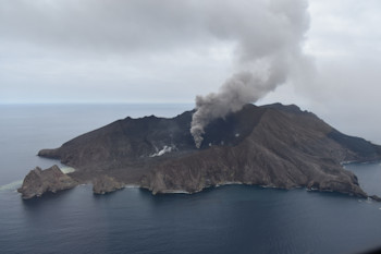 Figure 2. Aerial view of Whakaari/White Island on 6 May 2025 showing the steam and gas plume trailing off downwind. 
