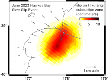 Image showing the movement that occurred on the Hikurangi subduction zone during the slow slip event near Hawkes Bay in June.  The arrows show how our continuous GNSS sites were displaced during the event.