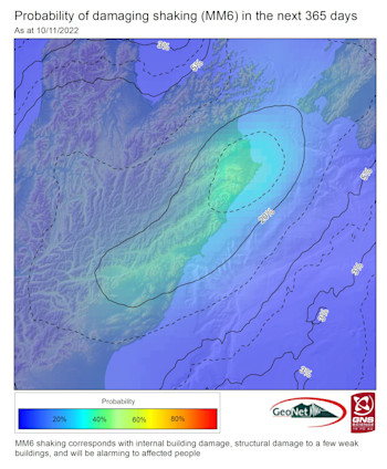 Probability of damaging shaking MM6 (strong intensity) in the next year.