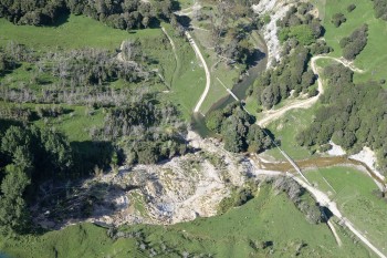 Part of Te Arai landslide that failed showing blocked river and water supply pipeline