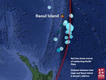 Location of Raoul Island in the Kermadec Islands and earthquakes over M5.0 in the last month (20 May – 20 June 2019). The subduction zone north of New Zealand is visible in red.