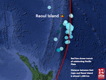 Location of Raoul Island in the Kermadec Islands and earthquakes over M5.0 in the last month (20 May – 20 June 2019). The subduction zone north of New Zealand is visible in red.