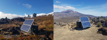 Two of our equipment sites in the Tongariro National Park; sensors include seismic, GPS and a web camera