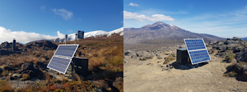 Two of our equipment sites in the Tongariro National Park; sensors include seismic, GPS and a web camera