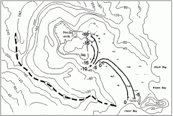 Figure 1: Sketch map showing location of survey pegs, contours of height changes (mm) and location of the new crater lake.