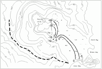 Figure 1: Sketch map showing location of survey pegs, contours of height changes (mm) and location of the new crater lake.