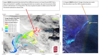 The migration of the August 2019 pumice raft (left). The Sentinel-2 image (right) shows some other volcanic activity (likely geothermal) at the GVP Unnamed seamount on 12 August.