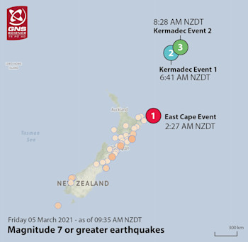 Location of the three large earthquakes