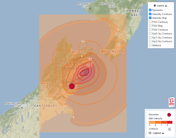 Shaking Layers map - M7.8 earthquake 15 km NE of Culverden (14 Nov 2016)