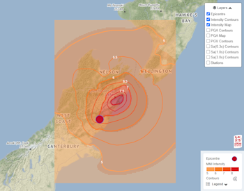 Shaking Layers map - M7.8 earthquake 15 km NE of Culverden (14 Nov 2016)