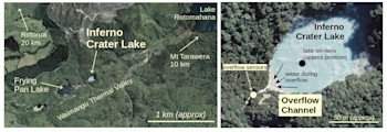 Inferno Crater Lake is in the Waimangu Thermal Valley, approximately 20 km south-east of Rotorua. The lake is 50-100 m across and contains hot, acidic water. The lake periodically overflows through a channel. GeoNet sensors in the lake and in the overflow channel monitor changes at the lake. Basemap is from Bay of Plenty Regional Council and Google Earth.