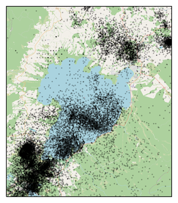 Earthquakes beneath Lake Taupo since 1980, no more than 30 km deep.