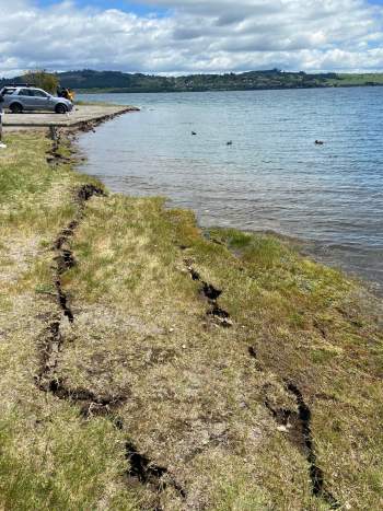 Cracking and slumping of the lakeshore at Taupō that may have been caused by the earthquake. 