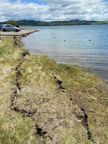 Cracking and slumping of the lakeshore at Taupō that may have been caused by the earthquake. 