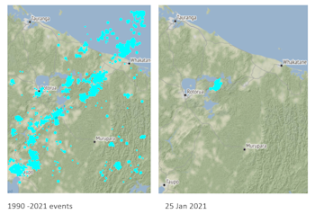 Maps showing shallow earthquake activity in the Taupo Volcanic Zone, since 1990 (left) and the last 24hrs (right)