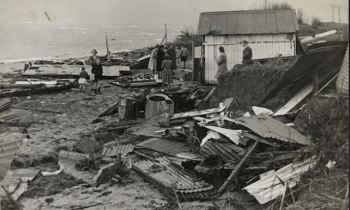 Remains of the Hall's house destroyed by a tsunami. Photo: Alexander Turnbull Library 