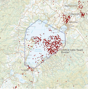 Figure 1: Earthquakes located by GeoNet in the Lake Taupō area from January 1 to August 21, 2022. All earthquakes shown here were located less than 30 km deep. There are over 400 earthquakes shown on the map.