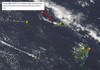 MODIS Terra satellite image showing the location of the pumice raft produced in 2001 and the location of the 2019 eruption. The Global Volcanism Program (GVP) Unnamed seamount is not responsible for the August 2019 pumice raft.