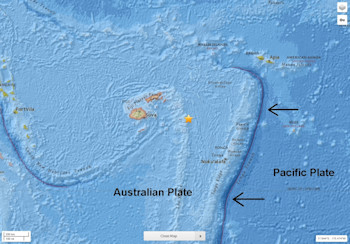 The earthquake (epicentre at yellow star) occurred on the downgoing Pacific Plate, which is being subducted (pushed) under the Australian Plate along the Tonga Trench, east of Tonga.  Map adapted from USGS.