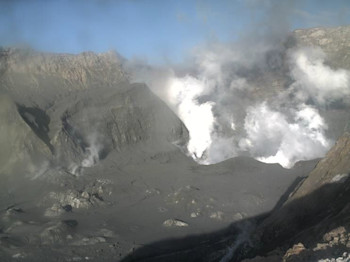 Sunday 12 October 6:50am. Next day image showing the effects of the eruption on Saturday evening. Note how the dark grey mud coats the crater floor and crater walls.