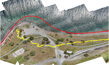 Band of pumice debris (yellow line) stranded at Wharewaka Point, close to Taupō Airport, by the 30 November Lake Taupō tsunami. The red line symbolizes the shoreline before 30 November 2022. Drone imagery from GNS Science. 