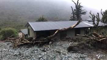 Lake Howden Hut after the landslide. Photo: Grace Houpapa