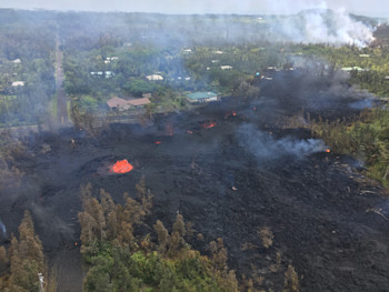 The seventh fissure to open on Kīlauea this past week created a short lava flow that destroyed houses and electric power poles. Additionally, the volcanic gases released (VOG) have affected people's and animals' health. (Photo courtesy of HVO/USGS).