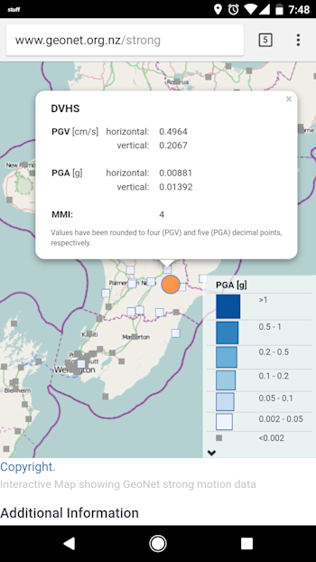 If you click on one of the strong motion sites (grey squares) you'll see the horizontal and vertical PGA and PGV measurements, as well as the peak MMI value recorded at that site in the last hour. 