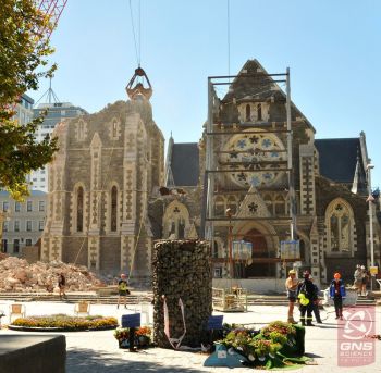 Christchurch Cathedral after the 2011 earthquake. Photo: Margaret Low, GNS Science
