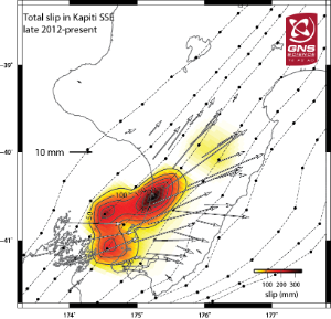 The overall slip of the 2013 Kapiti slow-slip event from January 2013 to the present. All slow-slip images in this story are made by Laura Wallace of the University of Texas at Austin (formally from GNS Science) using GeoNet GPS data. 