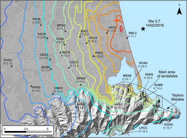 Earthquake shaking in the Valentine’s Day earthquake (units are maximum peak ground acceleration as a % of gravity or, in normal people speak, red = strong, blue = not so strong) and the main areas of cliff collapse 