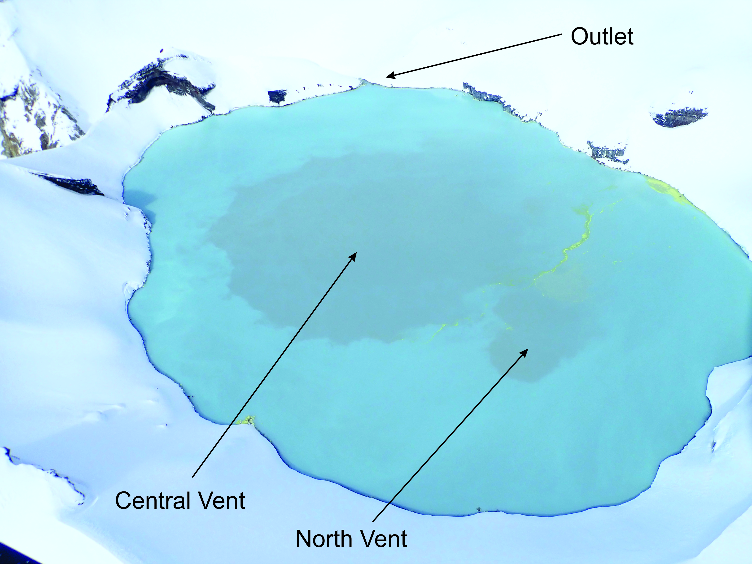 Aerial view of Crater Lake on October 9, 2020 showing two regions of upwelling in the lake.