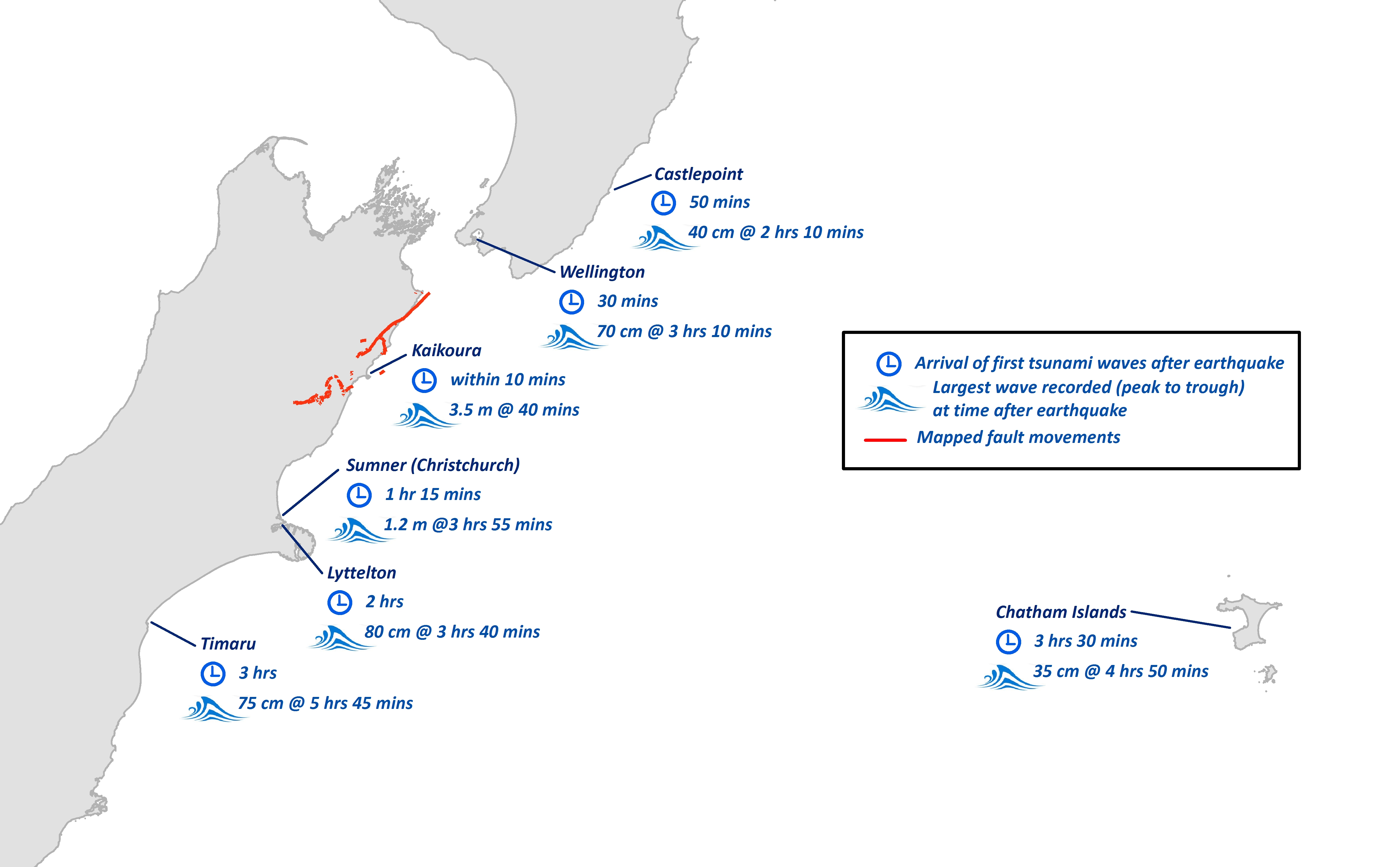 Kaikōura tsunami travel time map.