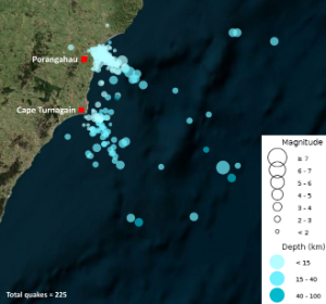 Earthquakes recorded in the Porangahau area since 14th November