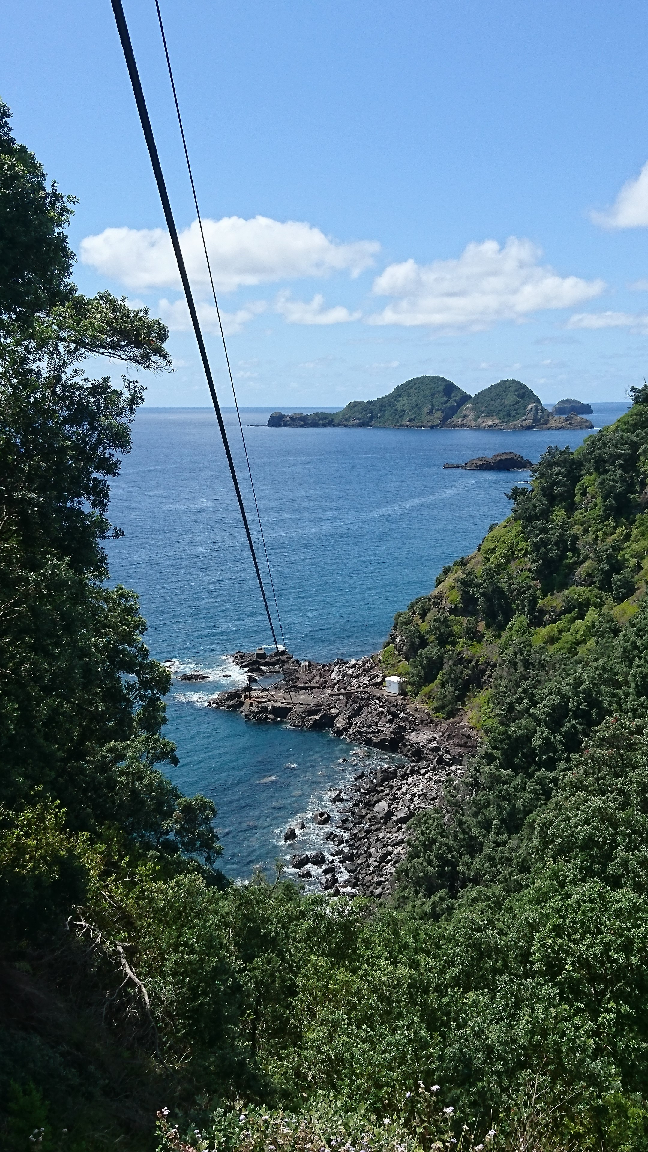 The Fishing Rock 'foxway', a flying fox contraption that enables equipment to be transported up the cliff from the rudimentary wharf below.