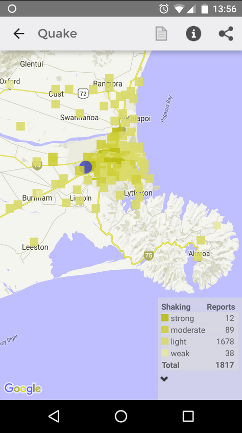 Deuteranopia view of the Christchurch 4.1 quake as the app is configured currently.
