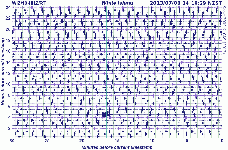 The last 24 hours showing hundreds of small tremor bursts at White Island