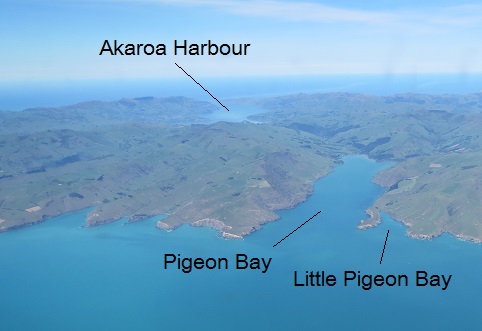 Some of Banks Peninsula's funnels. Looking south over Pigeon Bay and Little Pigeon Bay. Photo: Helen Jack.