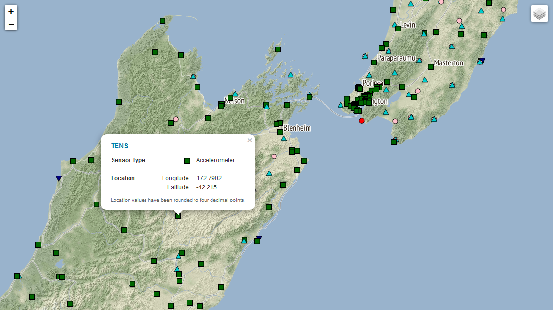 Instrument site name and location pop-up on a zoomed view of our new network instrumentation map.