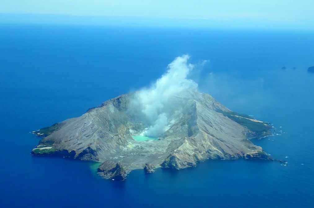 White Island, (Nov 2019) showing the white steam and gas plumes from the active vents that characterise many views of the volcano.
